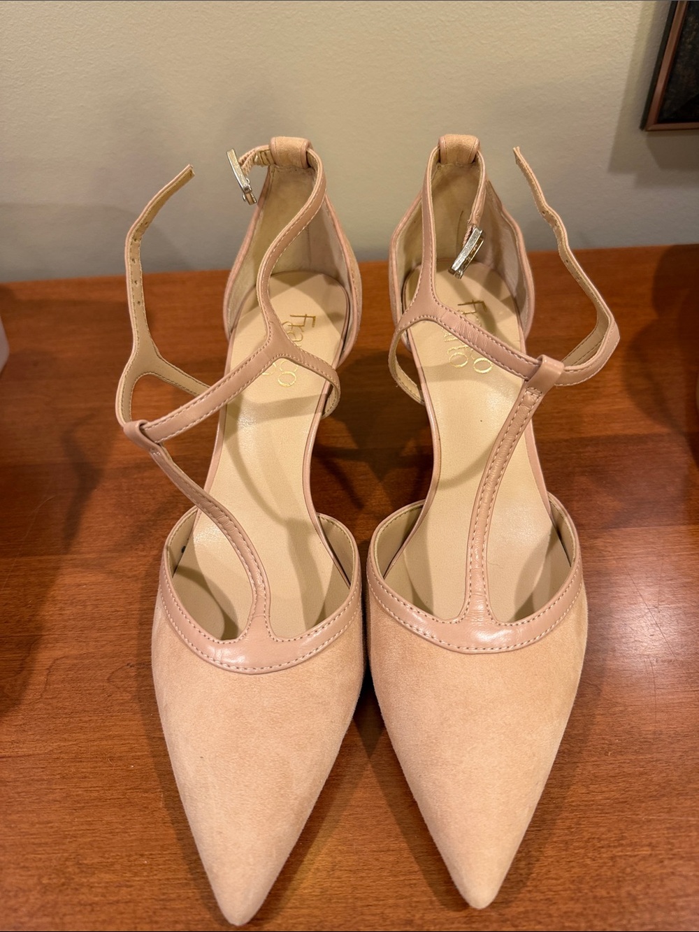 Franco Sarto Blush Nude Suede T-Strap Pointed Pumps